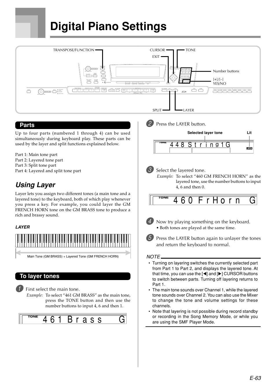 Digital piano settings, F r h 4 6 0 o r n g, B r a 4 6 1 s s g | Using layer, S t r 4 4 8, Ni 1 g | Casio PX410R User Manual | Page 65 / 100