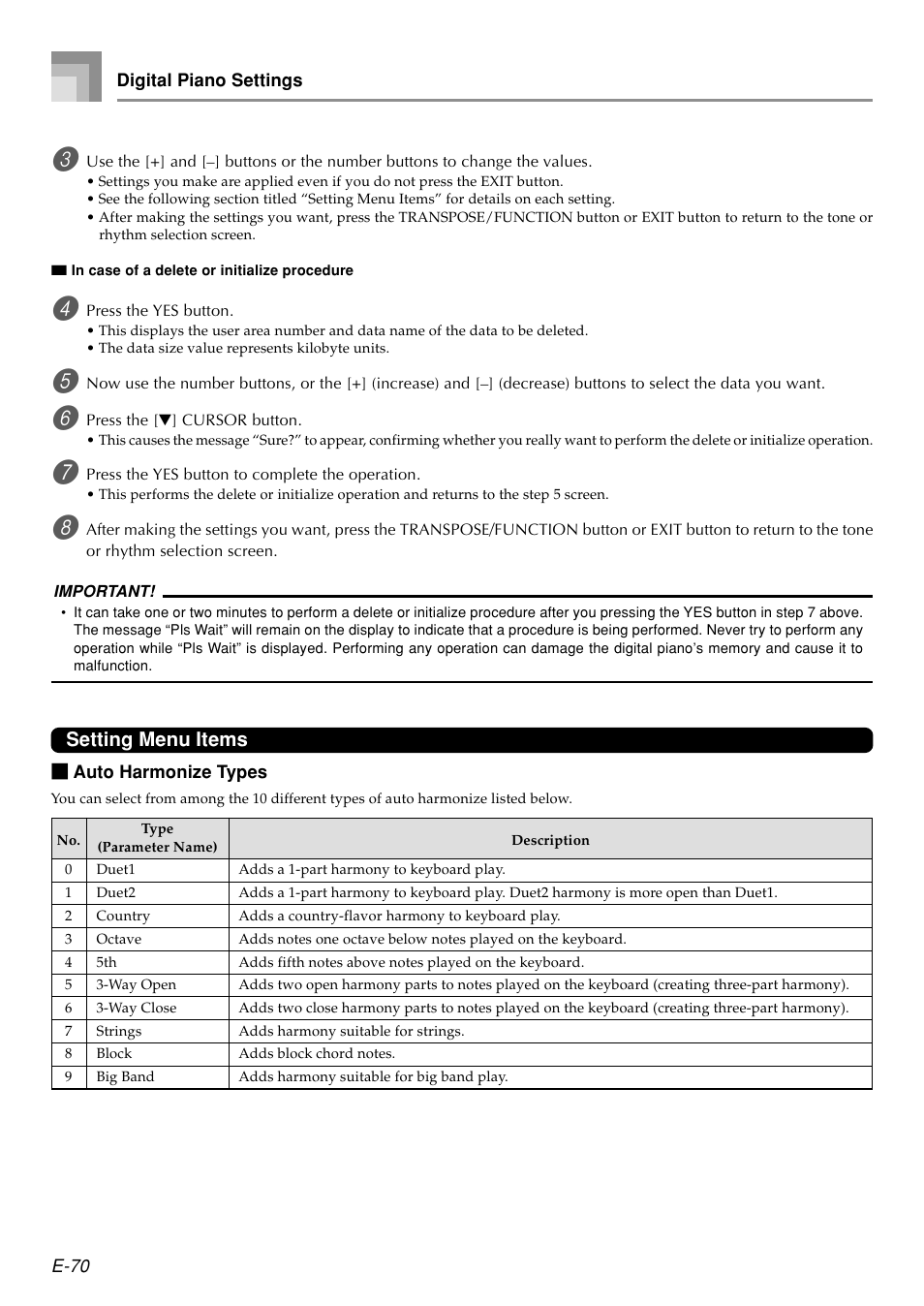 Setting menu items | Casio PX410R User Manual | Page 72 / 100