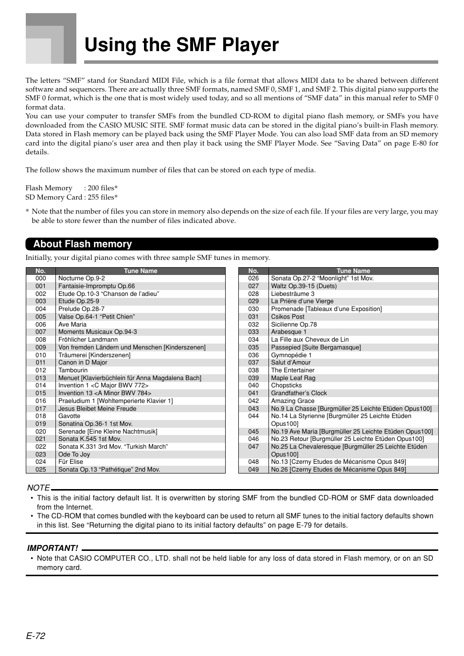 Using the smf player, E-72 | Casio PX410R User Manual | Page 74 / 100