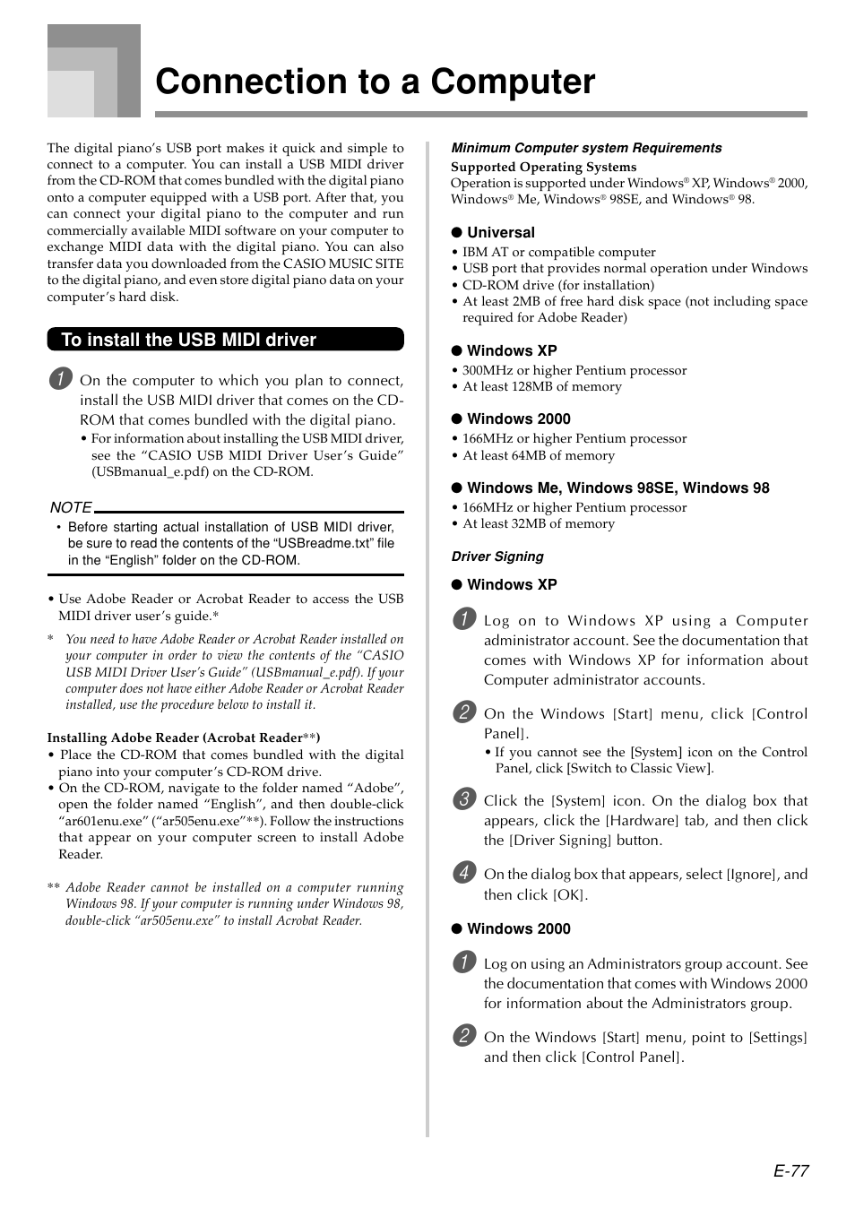 Connection to a computer | Casio PX410R User Manual | Page 79 / 100