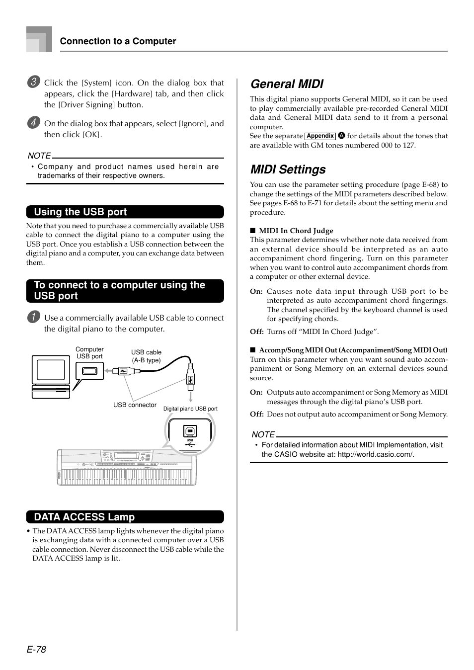 General midi, Midi settings, Using the usb port | Data access lamp | Casio PX410R User Manual | Page 80 / 100