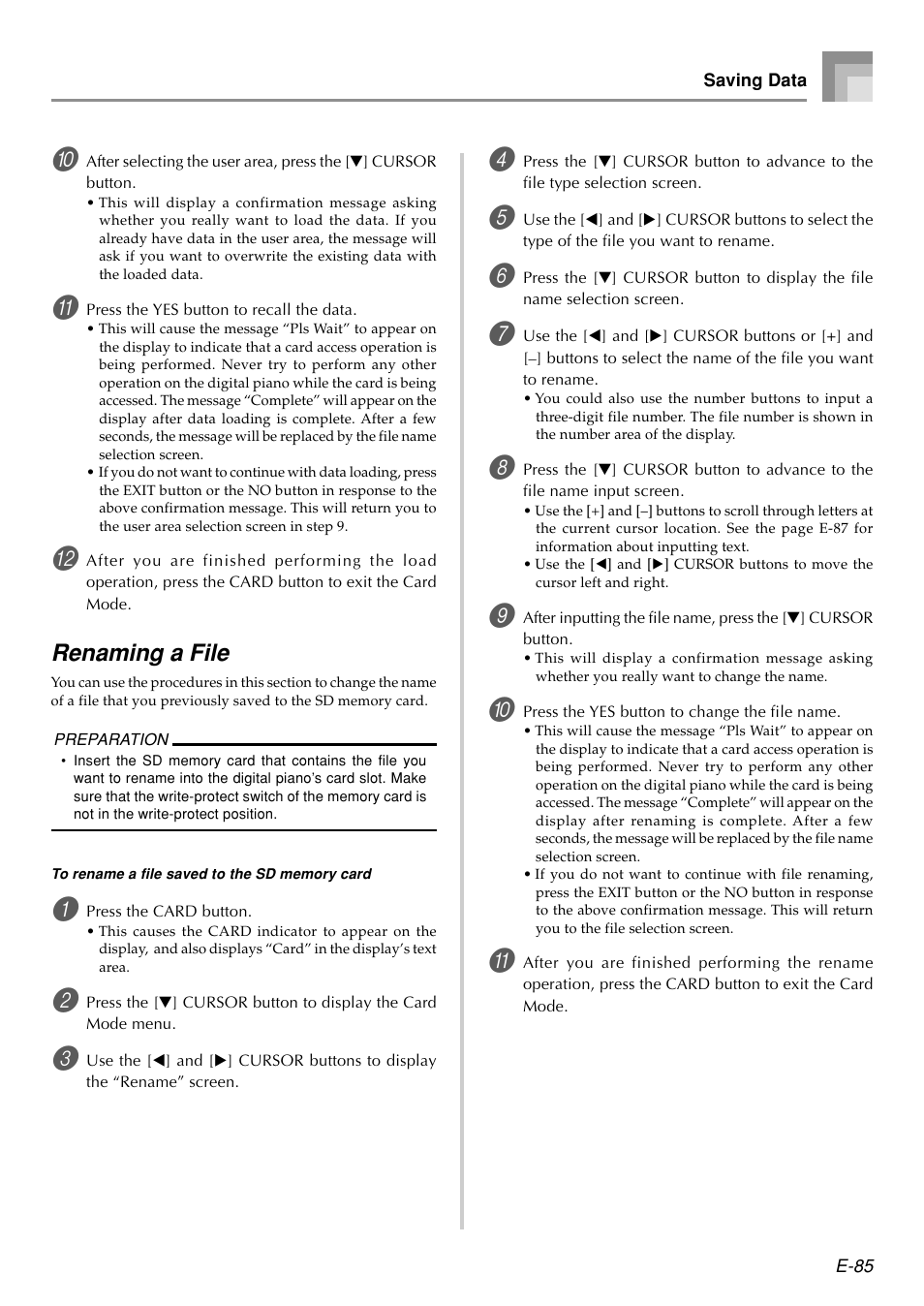 Renaming a file | Casio PX410R User Manual | Page 87 / 100