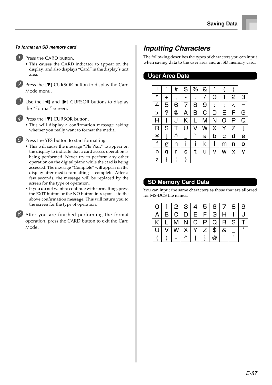 Inputting characters | Casio PX410R User Manual | Page 89 / 100