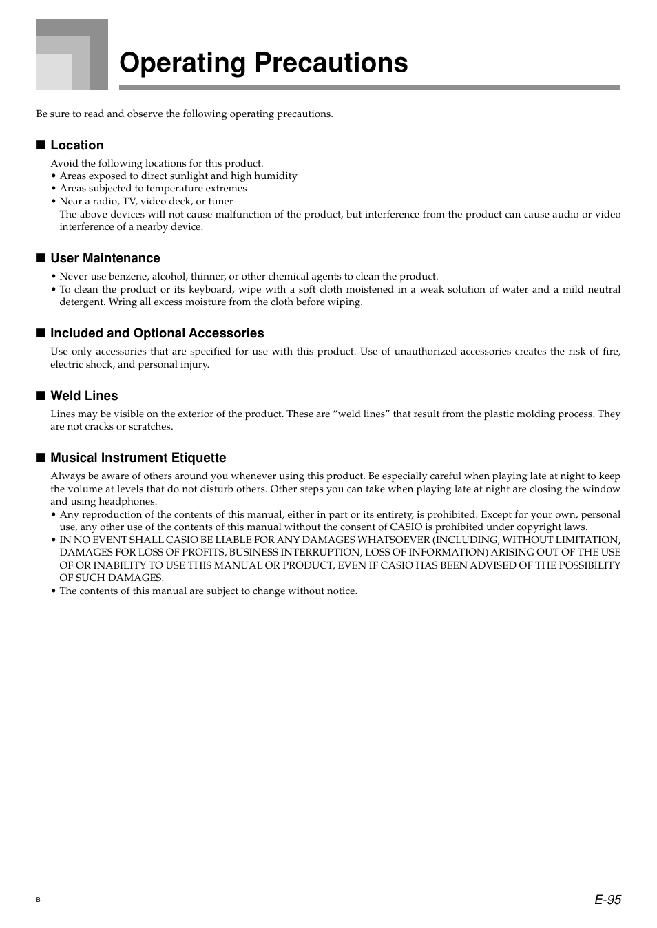 Operating precautions | Casio PX410R User Manual | Page 97 / 100