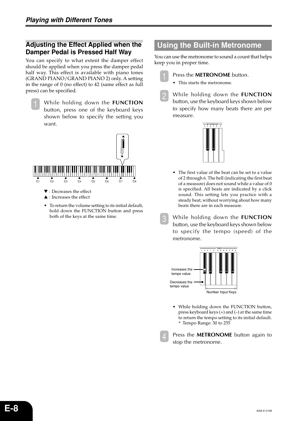 Using the built-in metronome, Playing with different tones | Casio PX700 User Manual | Page 10 / 26