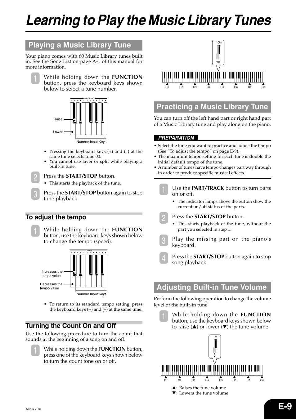 Learning to play the music library tunes, Playing a music library tune, Practicing a music library tune | Adjusting built-in tune volume, Turning the count on and off | Casio PX700 User Manual | Page 11 / 26