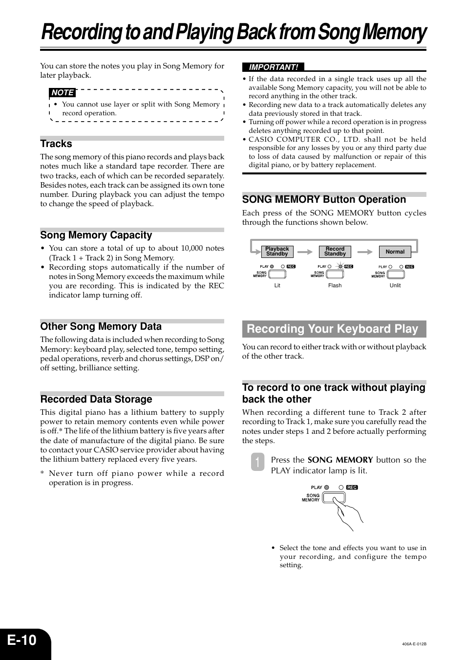 E-10, Recording your keyboard play, Tracks | Recorded data storage | Casio PX700 User Manual | Page 12 / 26