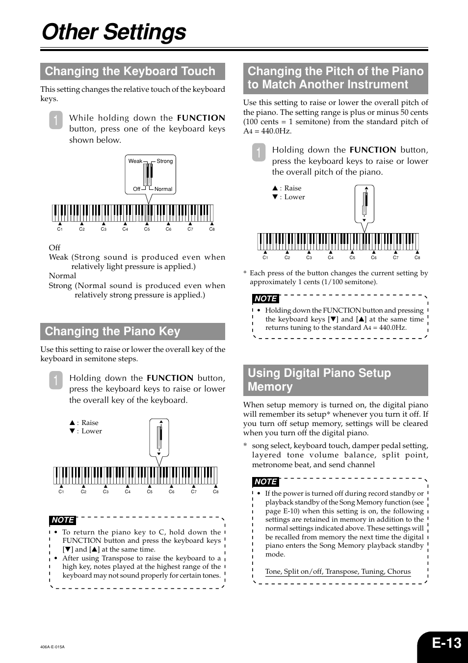 Other settings, E-13, Changing the keyboard touch | Changing the piano key | Casio PX700 User Manual | Page 15 / 26