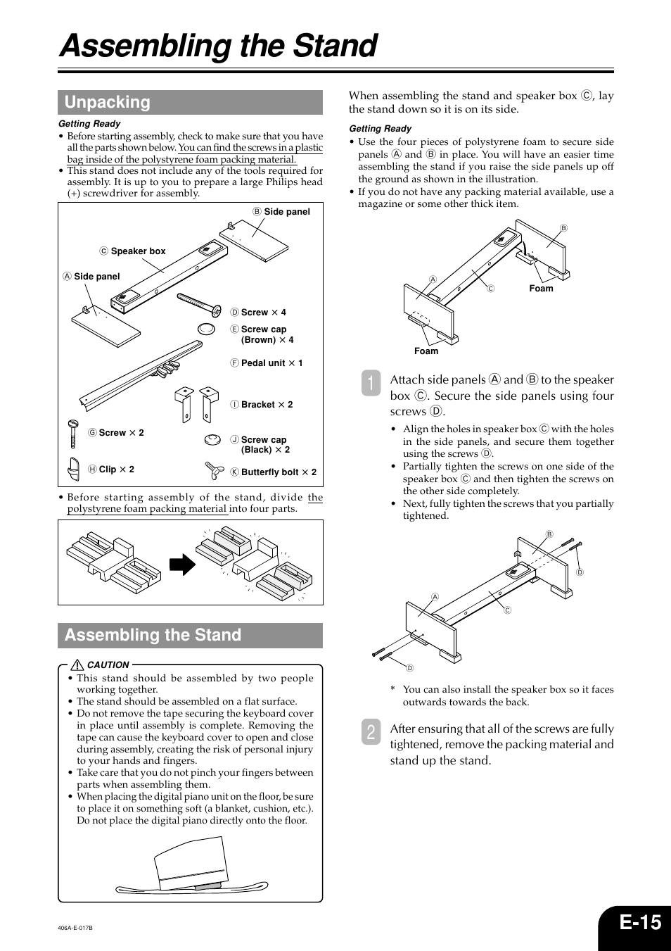 Assembling the stand, E-15, Unpacking | Casio PX700 User Manual | Page 17 / 26