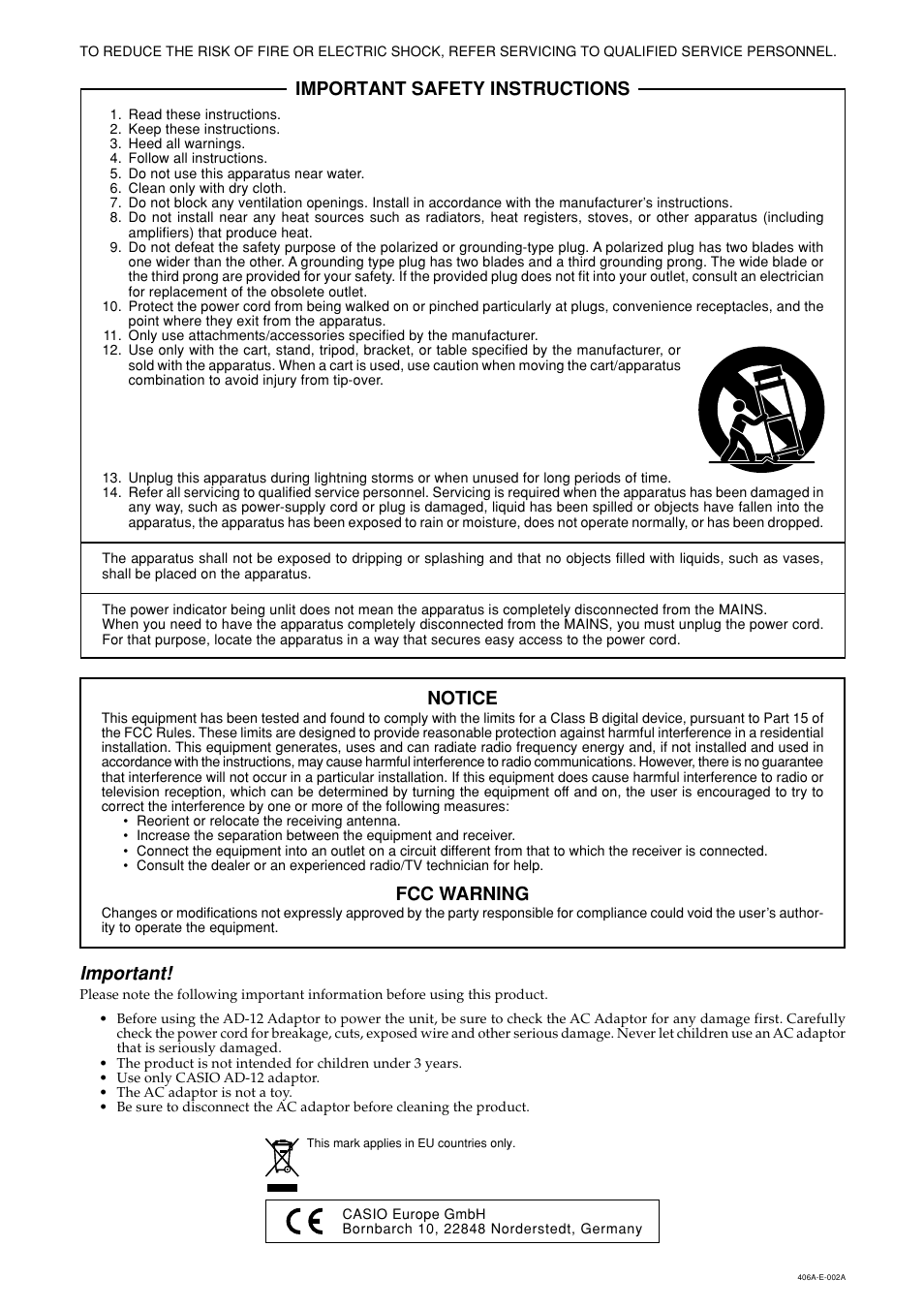 Important, Important safety instructions, Notice | Fcc warning | Casio PX700 User Manual | Page 2 / 26