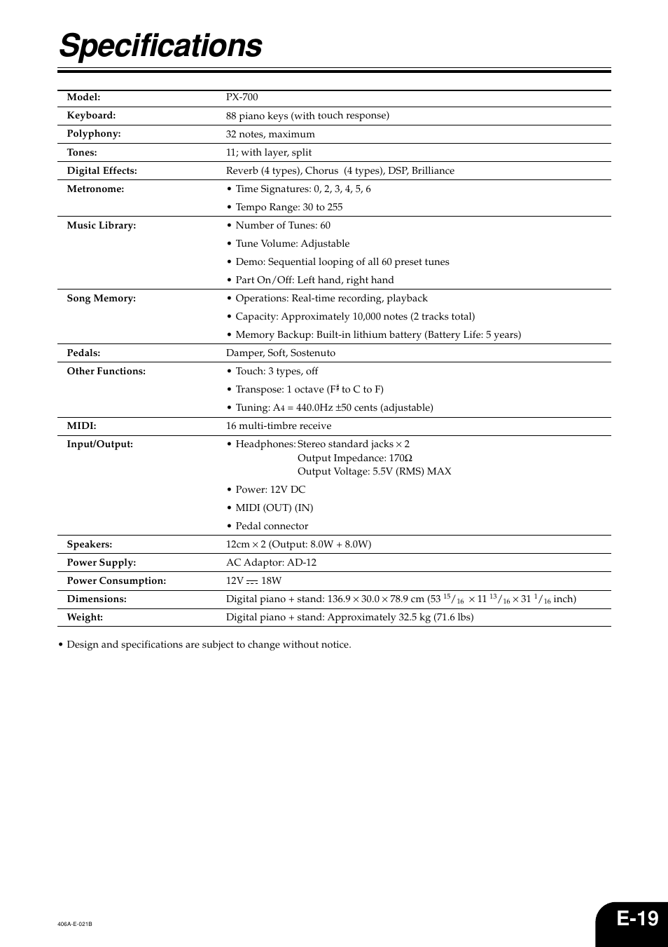 Specifications, E-19 | Casio PX700 User Manual | Page 21 / 26