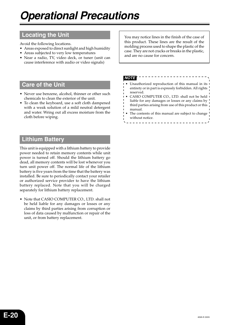 Operational precautions, E-20, Locating the unit | Care of the unit, Lithium battery | Casio PX700 User Manual | Page 22 / 26