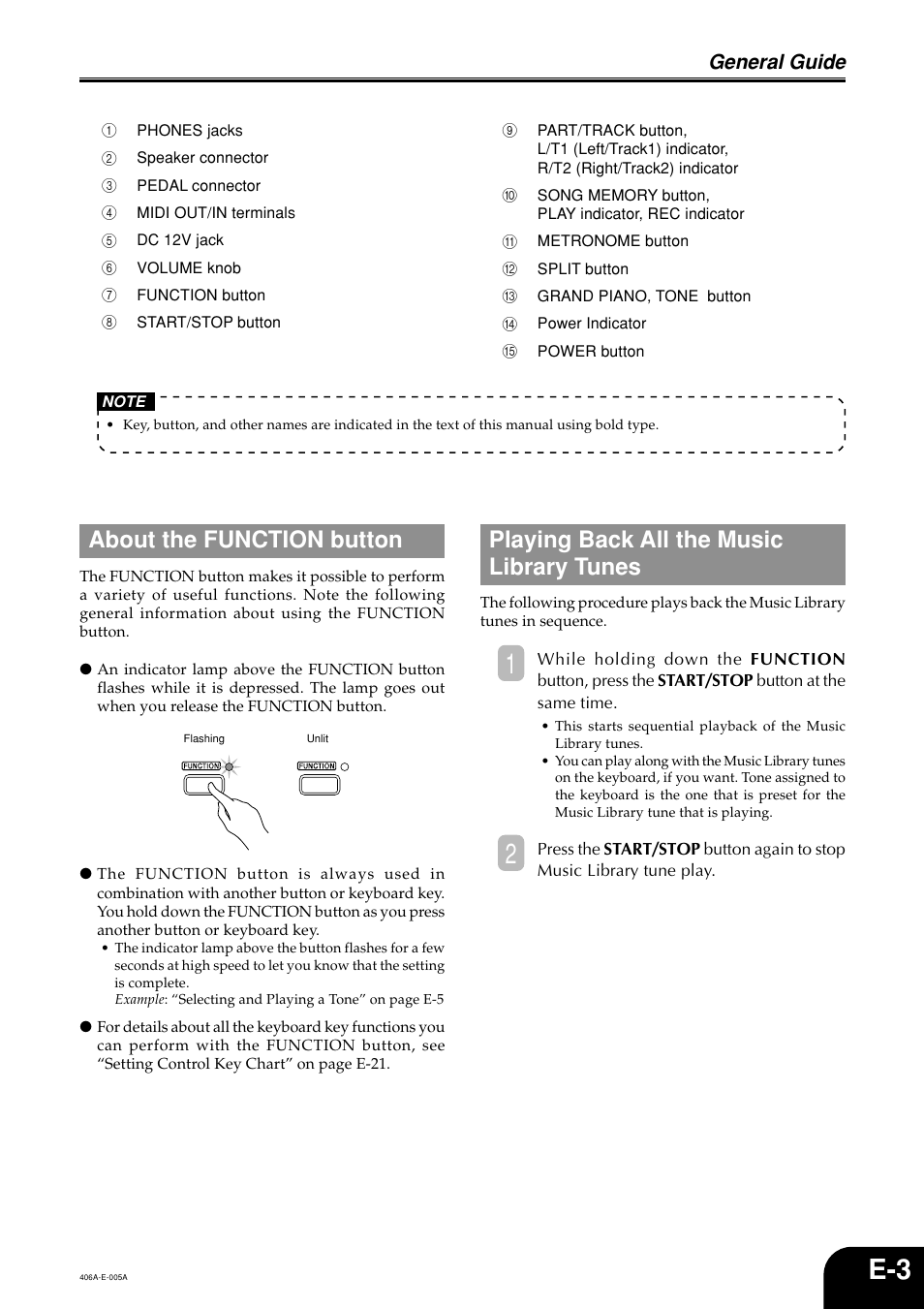 About the function button, Playing back all the music library tunes, General guide | Casio PX700 User Manual | Page 5 / 26