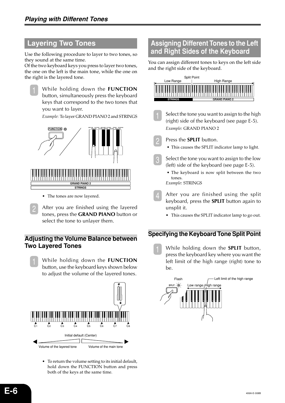 Layering two tones, Playing with different tones, Specifying the keyboard tone split point | Casio PX700 User Manual | Page 8 / 26