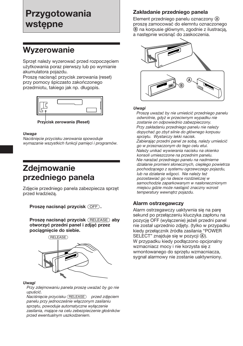 Przygotowania wstępne, Wyzerowanie, Zdejmowanie przedniego panela | Sony XR-C453RDS User Manual | Page 26 / 120