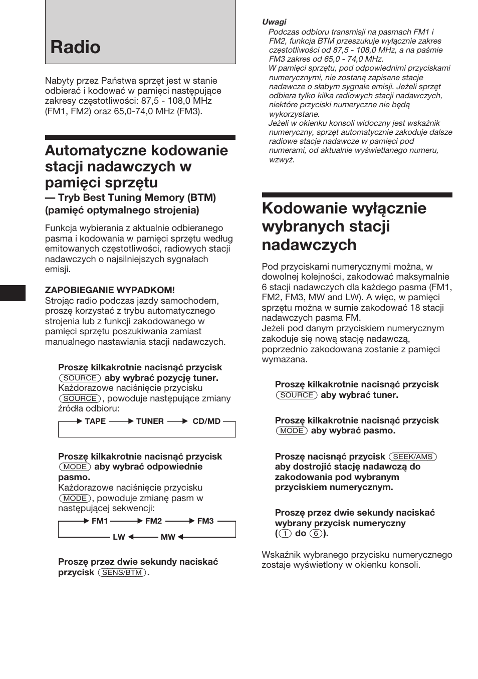Radio, Kodowanie wyłącznie wybranych stacji nadawczych | Sony XR-C453RDS User Manual | Page 30 / 120