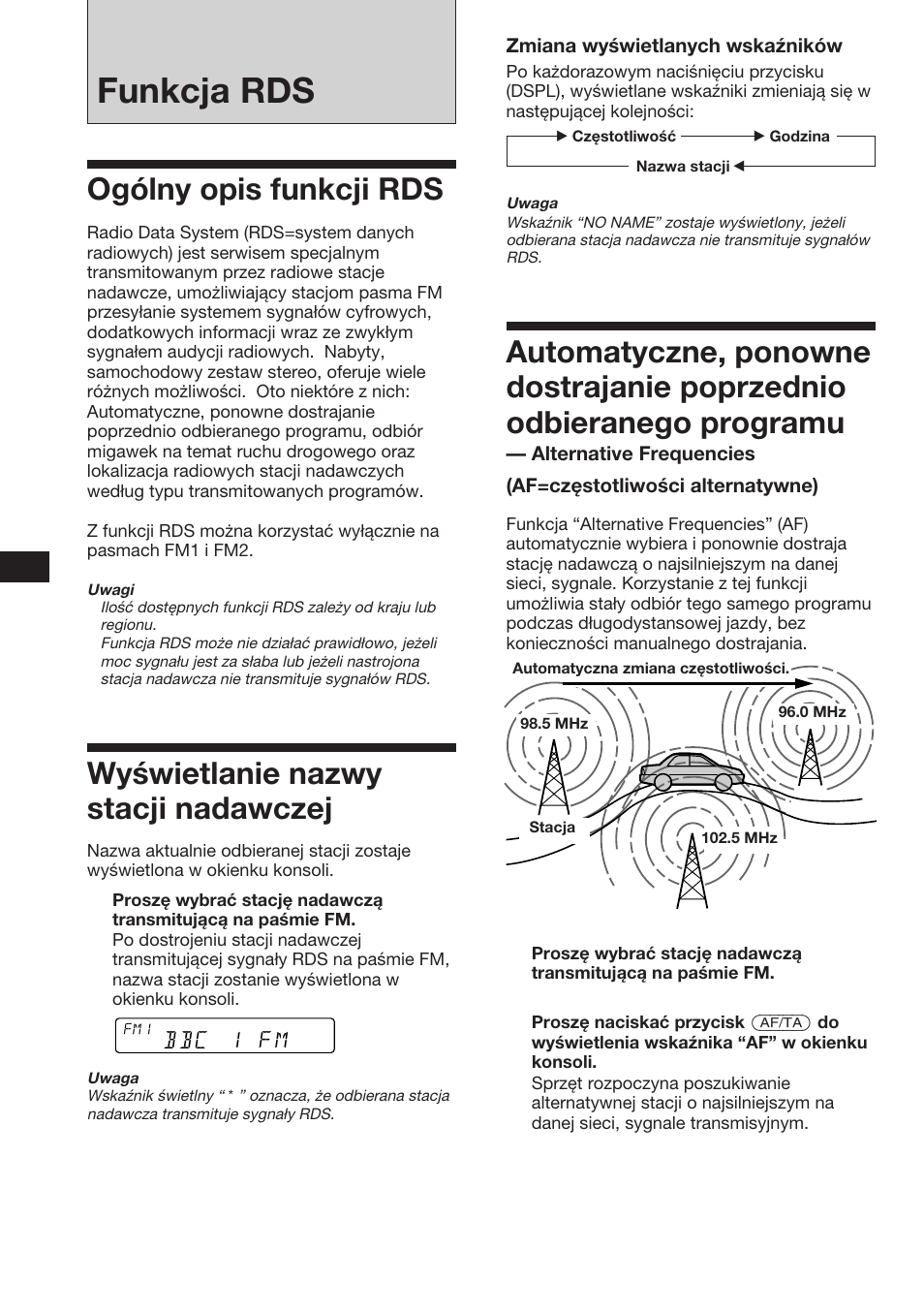 Funkcja rds, Ogólny opis funkcji rds, Wyświetlanie nazwy stacji nadawczej | Sony XR-C453RDS User Manual | Page 32 / 120