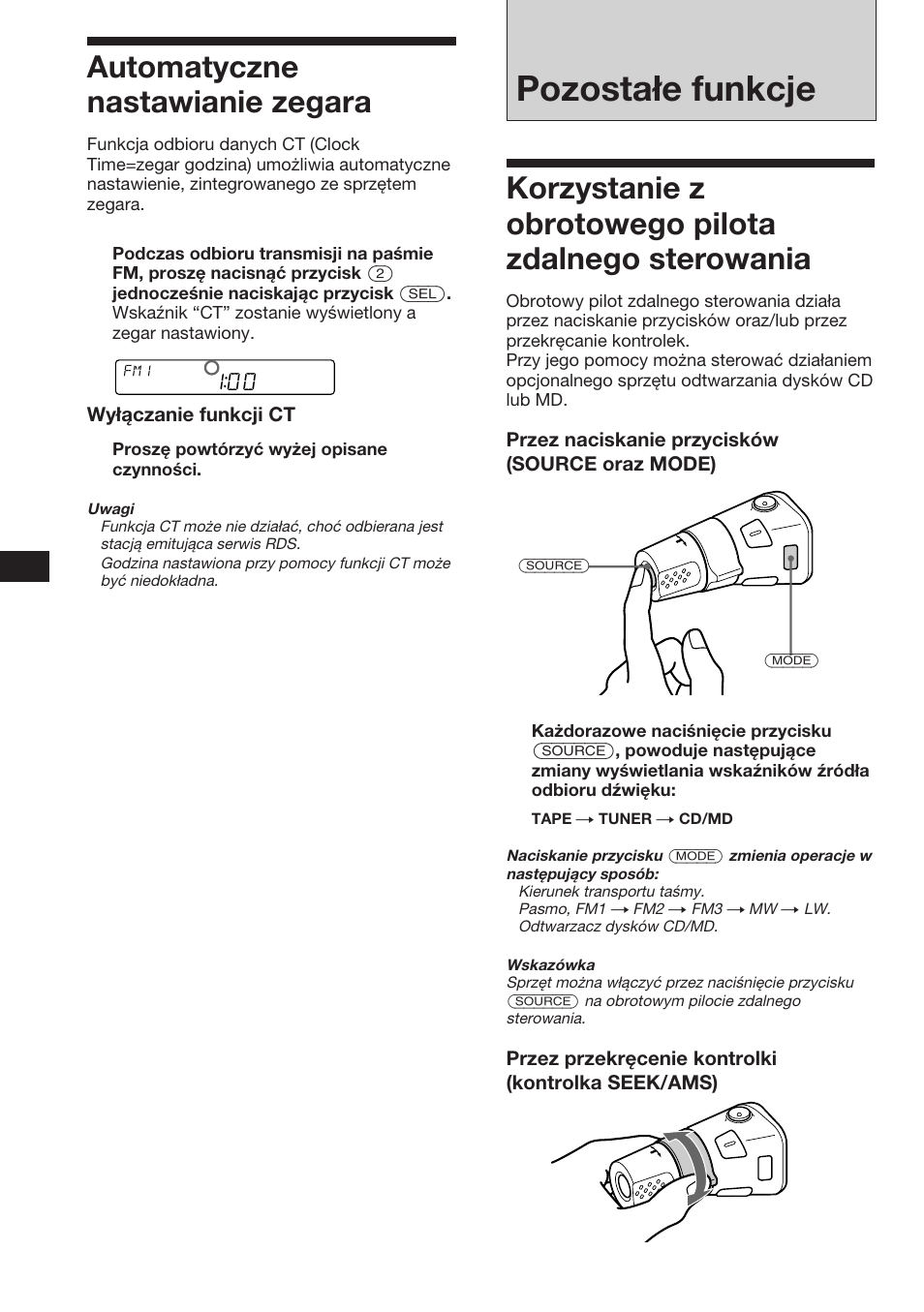 Pozostałe funkcje, Automatyczne nastawianie zegara | Sony XR-C453RDS User Manual | Page 36 / 120