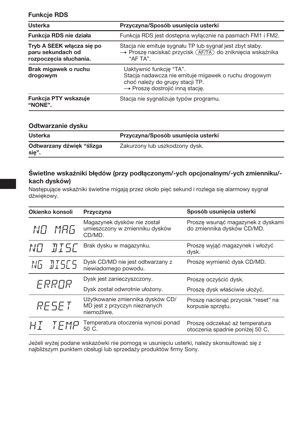 No mag no disc error reset hi temp ng discs | Sony XR-C453RDS User Manual | Page 46 / 120