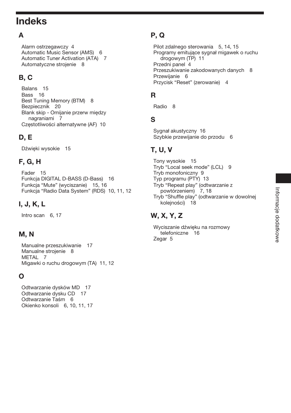 Indeks, B, c, D, e | F, g, h, I, j, k, l, M, n, P, q, T, u, v, W, x, y, z | Sony XR-C453RDS User Manual | Page 47 / 120