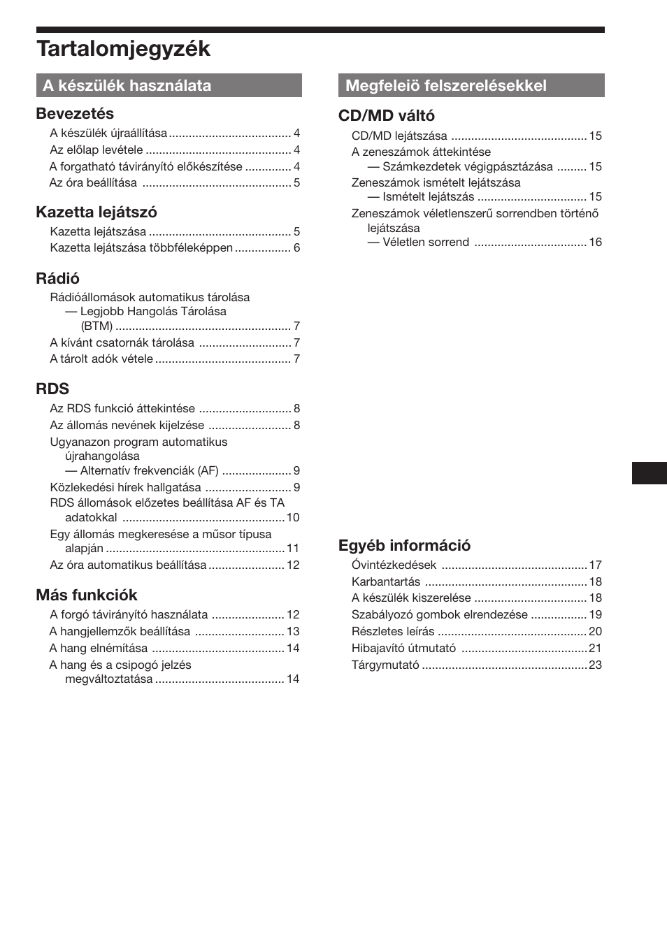 Tartalomjegyzék | Sony XR-C453RDS User Manual | Page 73 / 120