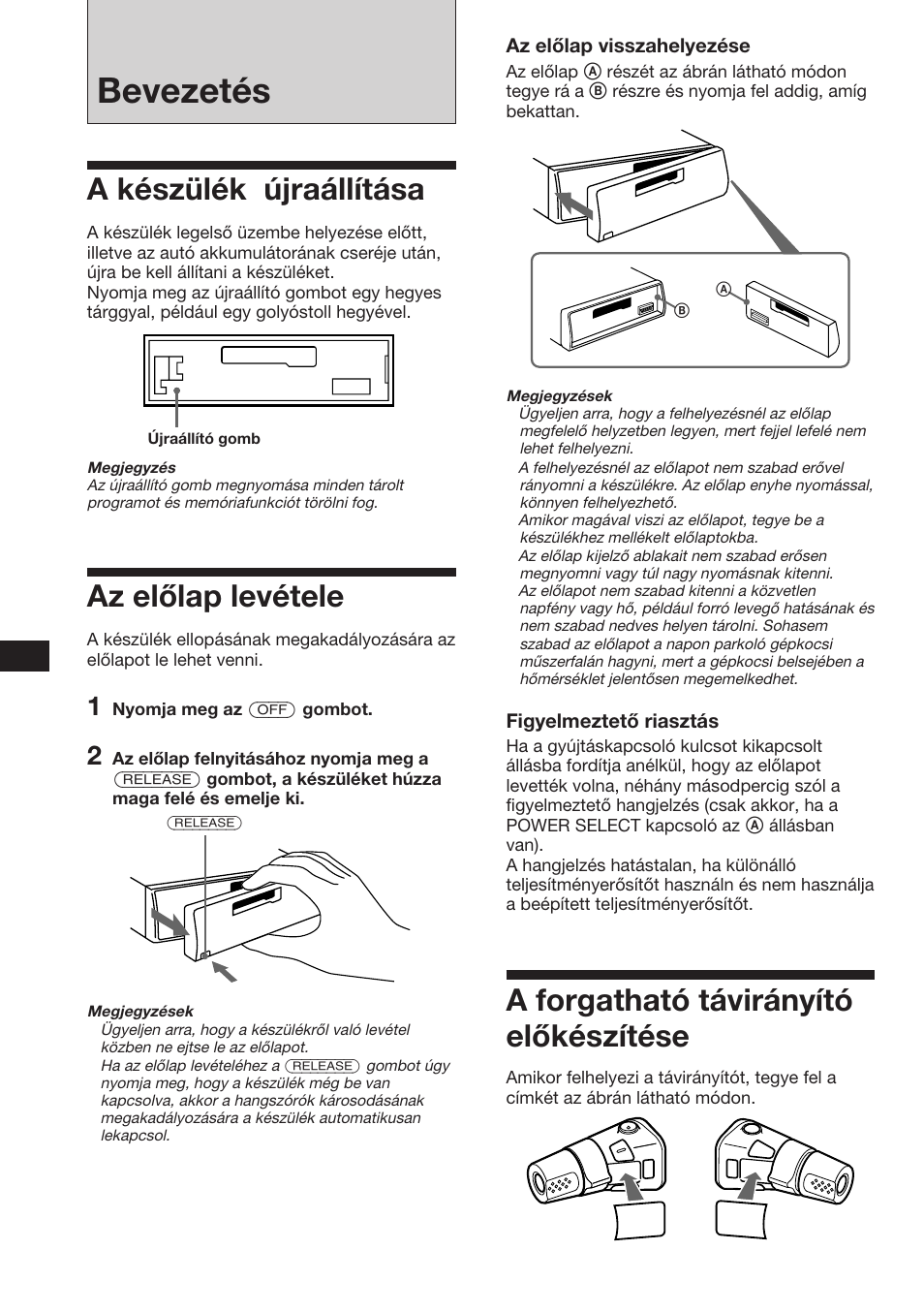 Bevezetés, A forgatható távirányító előkészítése, A készülék újraállítása | Az előlap levétele | Sony XR-C453RDS User Manual | Page 74 / 120