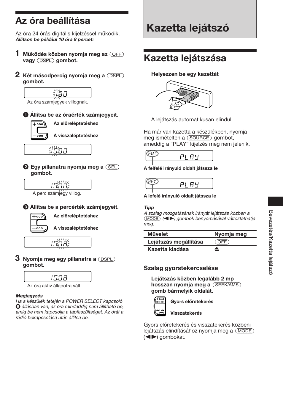 Kazetta lejátszó, Kazetta lejátszása, Az óra beállítása | Sony XR-C453RDS User Manual | Page 75 / 120