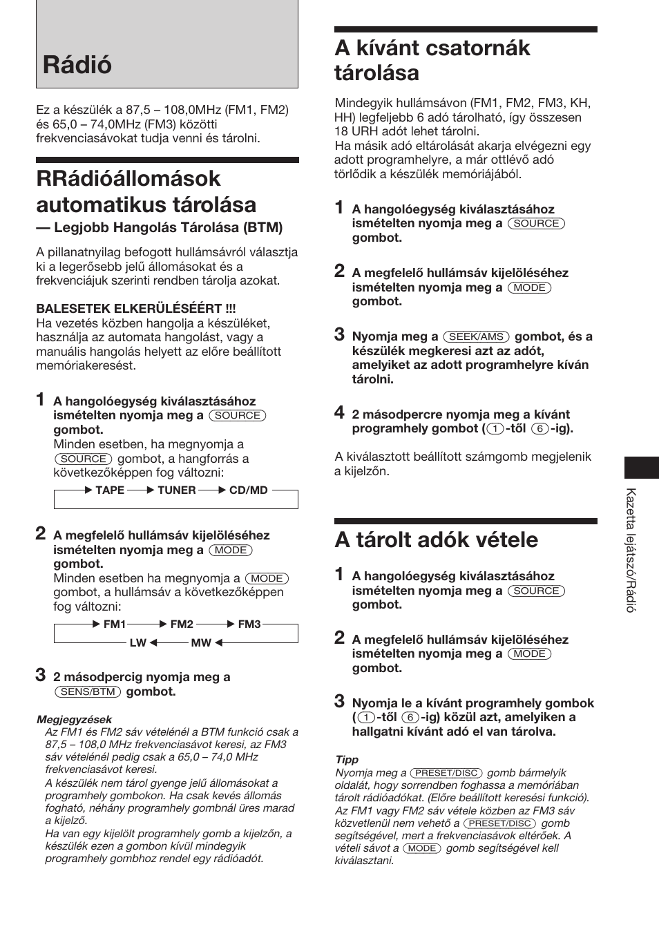 Rádió, A kívánt csatornák tárolása, A tárolt adók vétele | Rrádióállomások automatikus tárolása | Sony XR-C453RDS User Manual | Page 77 / 120