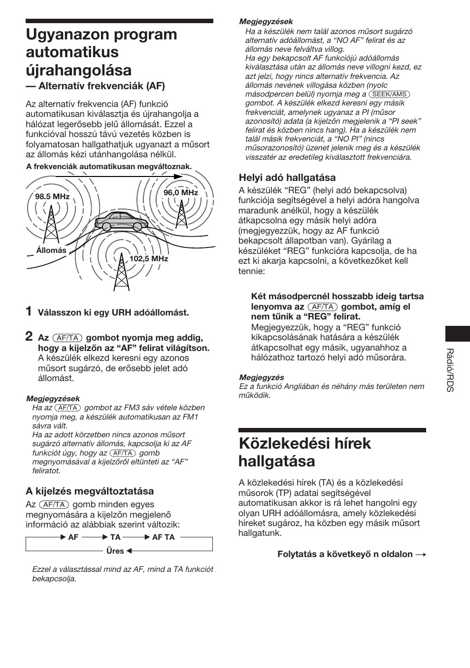 Ugyanazon program automatikus újrahangolása, Közlekedési hírek hallgatása | Sony XR-C453RDS User Manual | Page 79 / 120