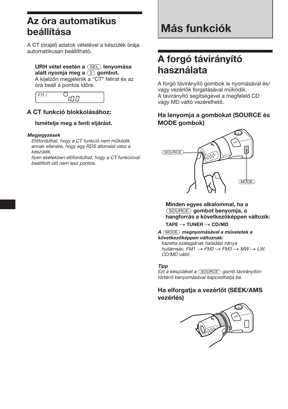Más funkciók, A forgó távirányító használata, Az óra automatikus beállítása | Sony XR-C453RDS User Manual | Page 82 / 120