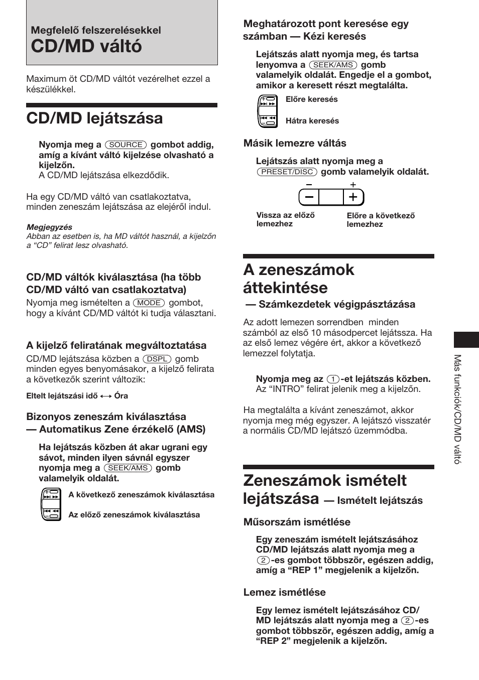 Cd/md váltó, Cd/md lejátszása, A zeneszámok áttekintése | Zeneszámok ismételt lejátszása | Sony XR-C453RDS User Manual | Page 85 / 120
