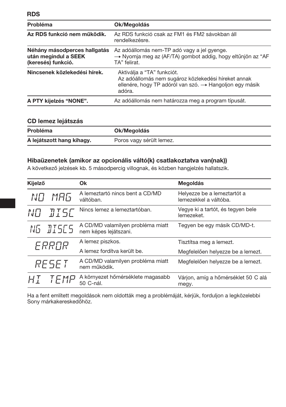 No mag no disc error reset hi temp ng discs | Sony XR-C453RDS User Manual | Page 92 / 120