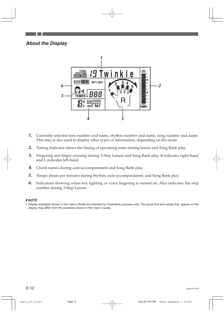 About the display | Casio LK-43 User Manual | Page 12 / 44