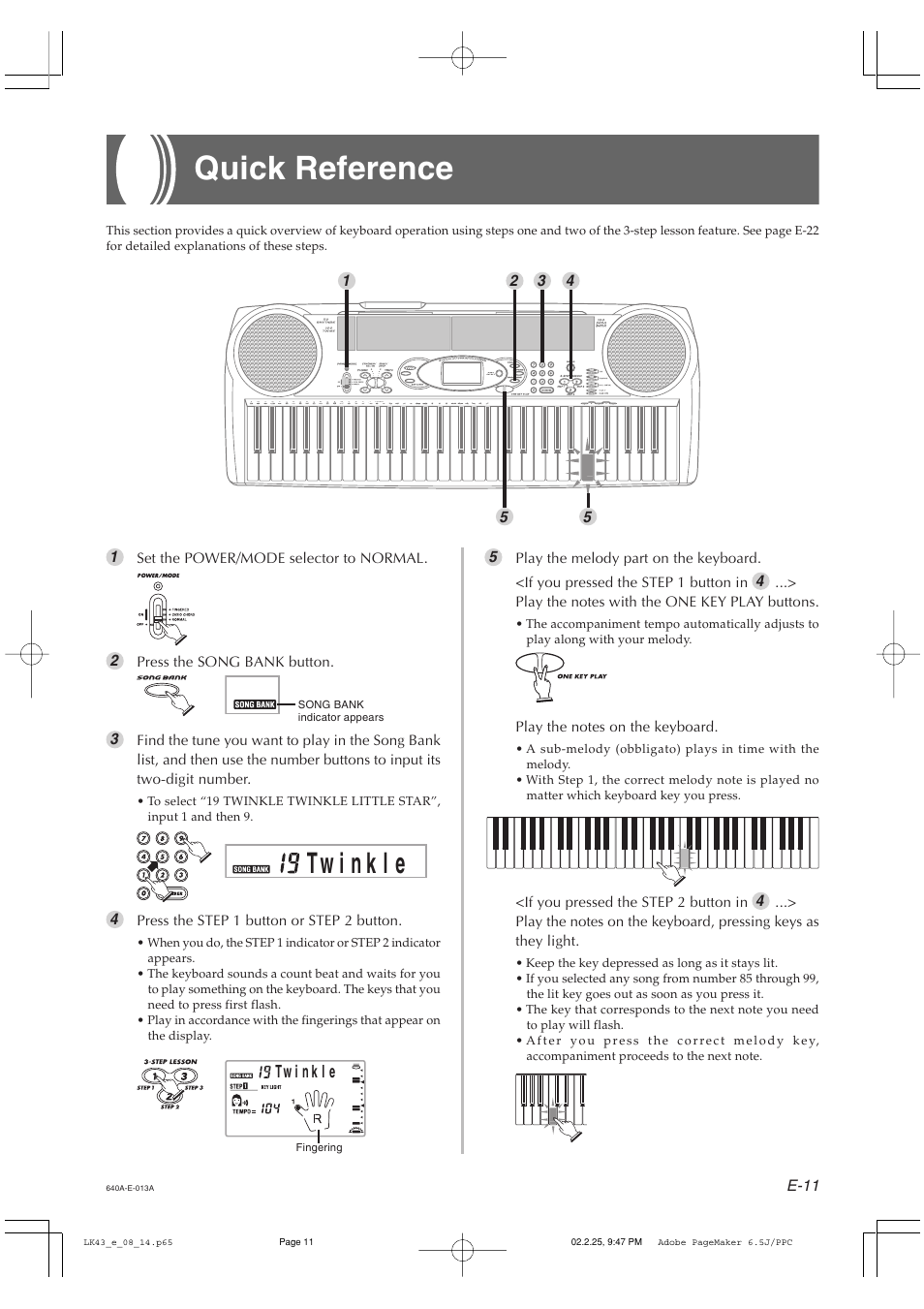 Quick reference | Casio LK-43 User Manual | Page 13 / 44