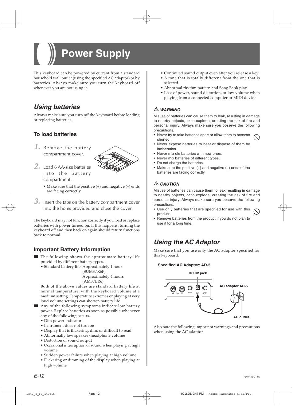 Power supply, Using batteries, Using the ac adaptor | Casio LK-43 User Manual | Page 14 / 44