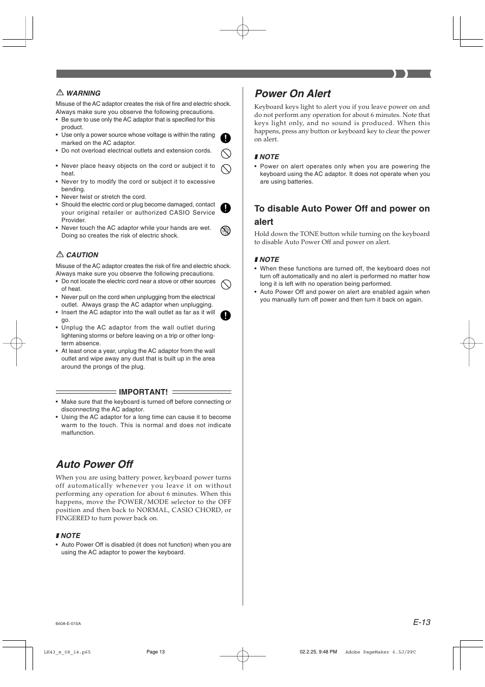 Auto power off, Power on alert, E-13 | Casio LK-43 User Manual | Page 15 / 44