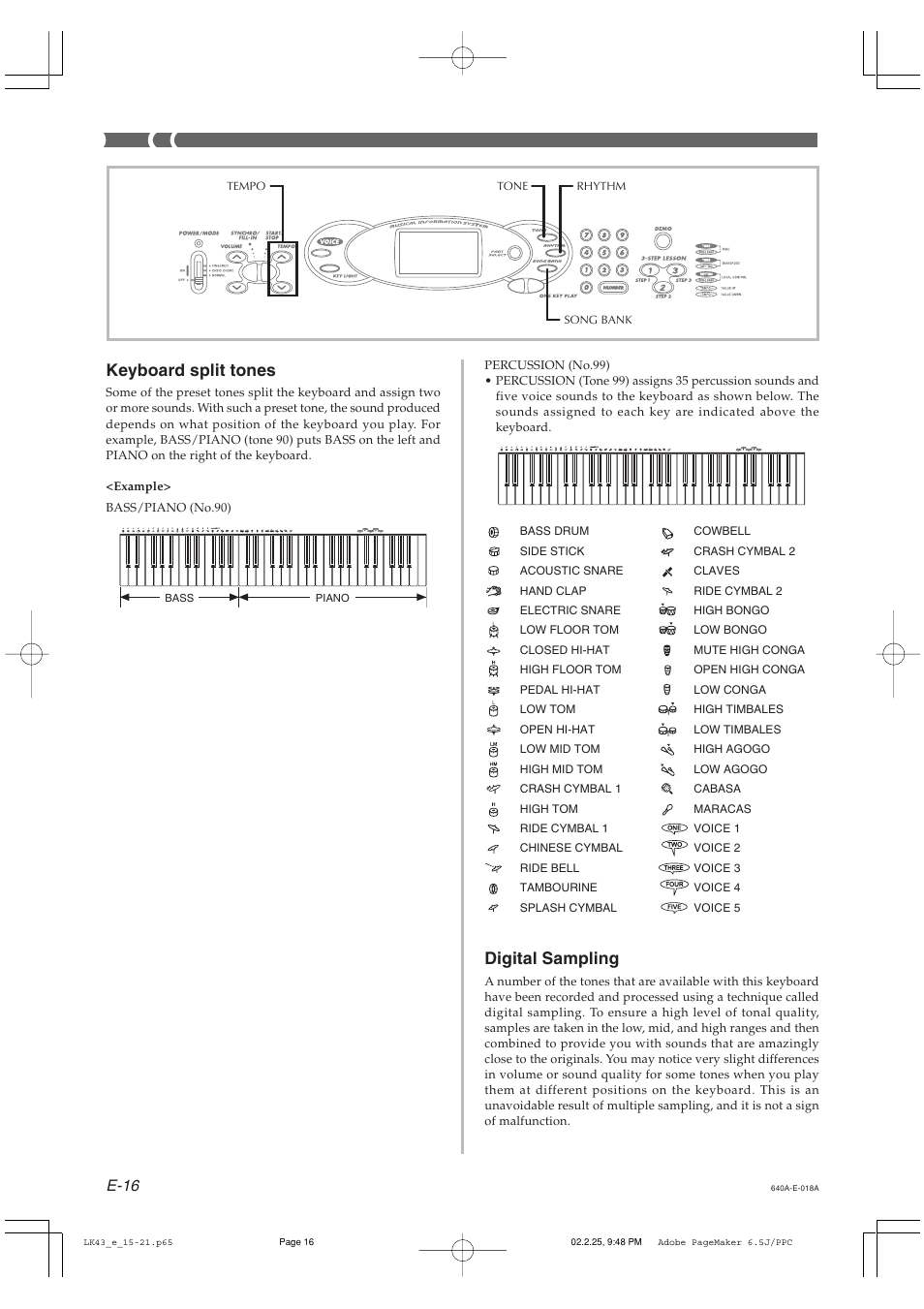 Keyboard split tones, Digital sampling, E-16 | Casio LK-43 User Manual | Page 18 / 44