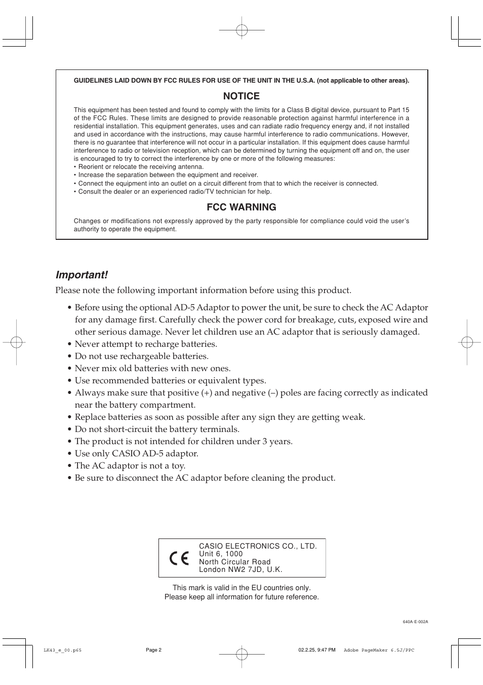 Important, Notice, Fcc warning | Casio LK-43 User Manual | Page 2 / 44