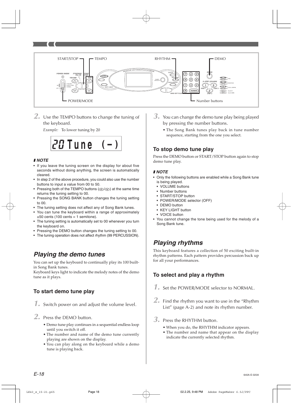 T u n e, Playing the demo tunes, Playing rhythms | Casio LK-43 User Manual | Page 20 / 44