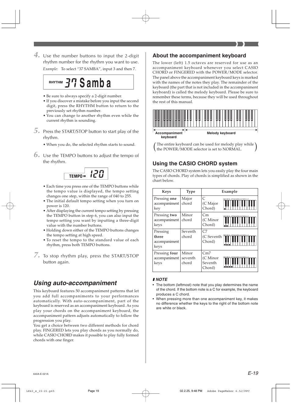 S amb a, Using auto-accompaniment, About the accompaniment keyboard | Using the casio chord system, E-19 | Casio LK-43 User Manual | Page 21 / 44