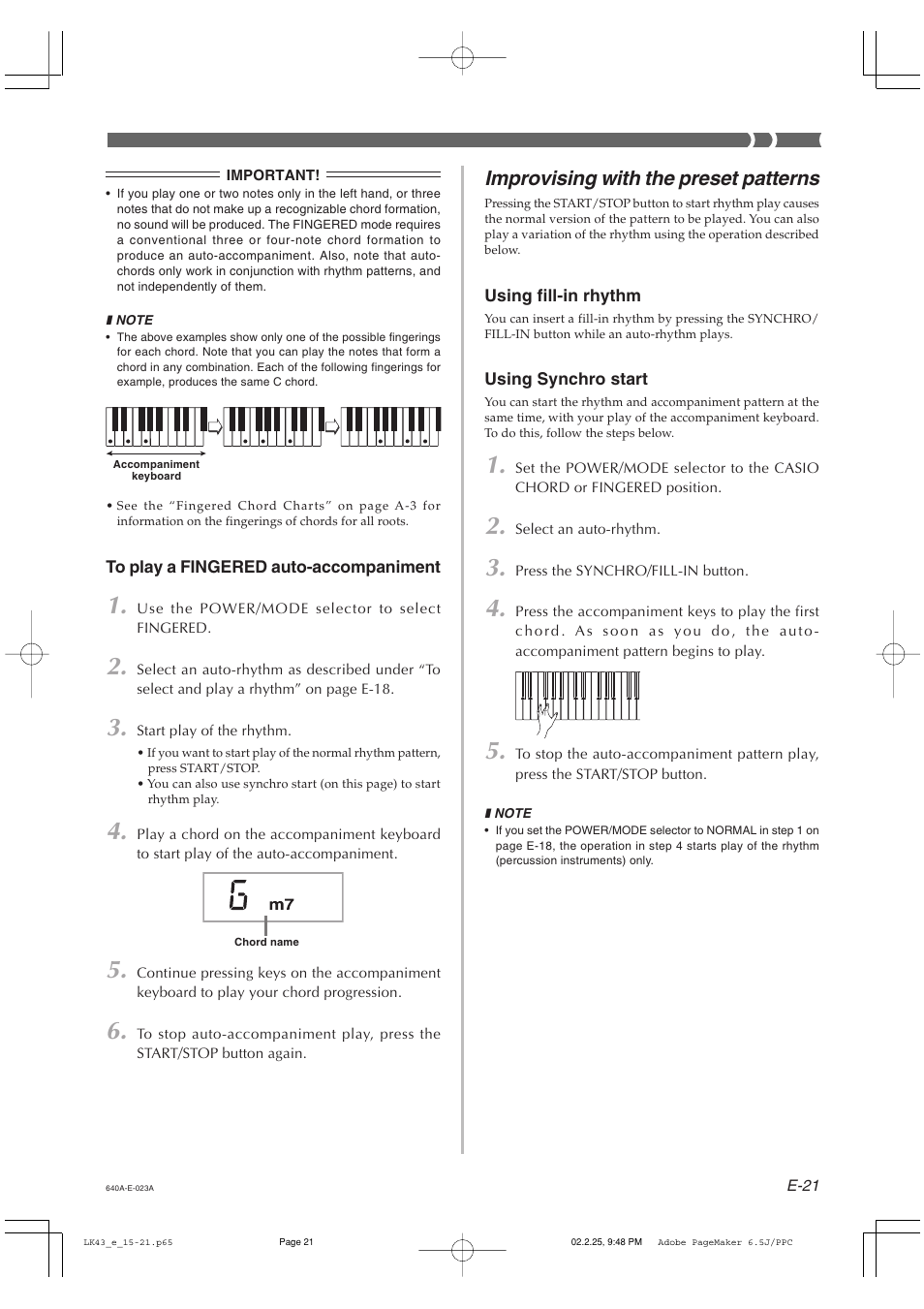Improvising with the preset patterns | Casio LK-43 User Manual | Page 23 / 44