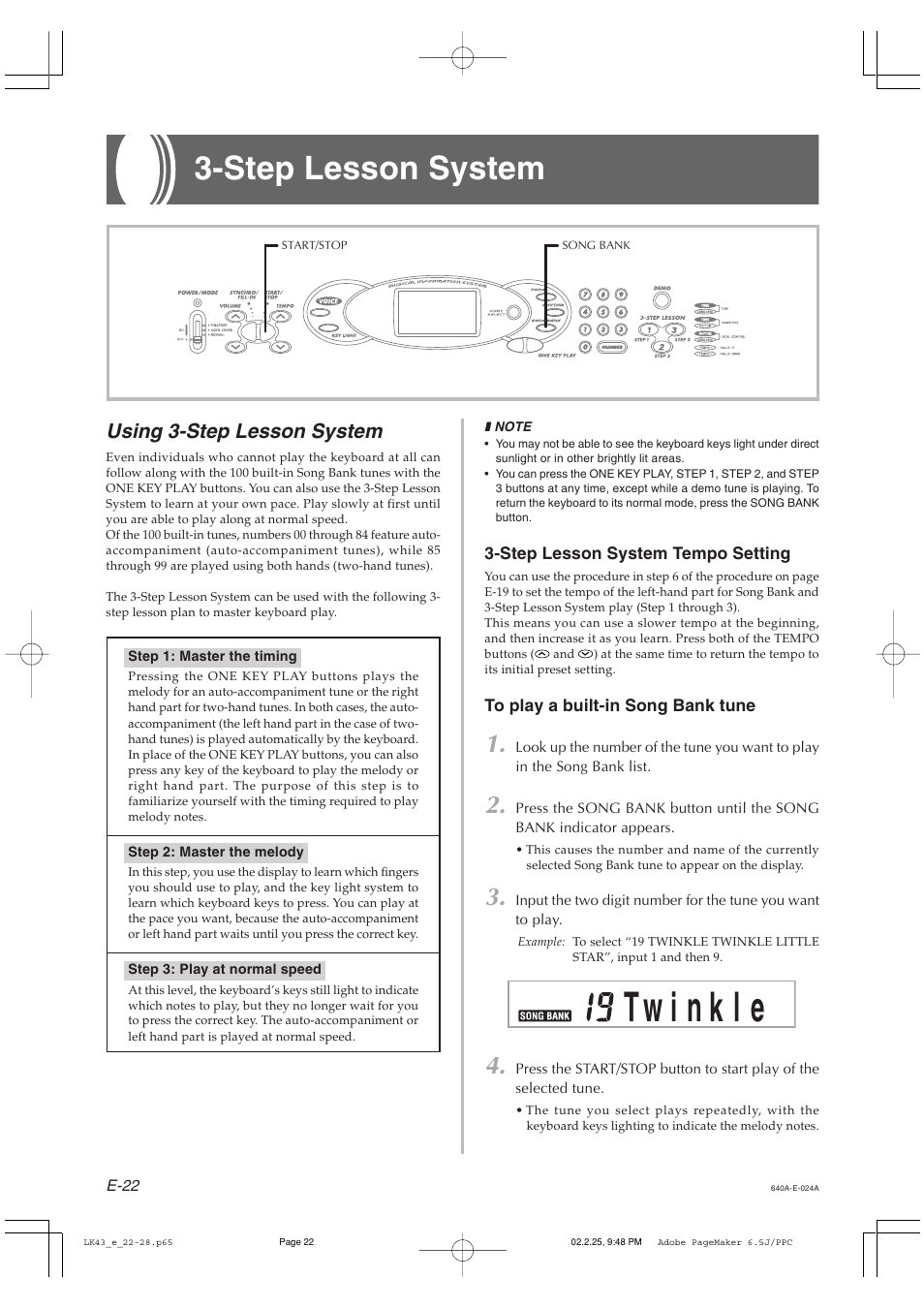 Step lesson system, Using 3-step lesson system | Casio LK-43 User Manual | Page 24 / 44