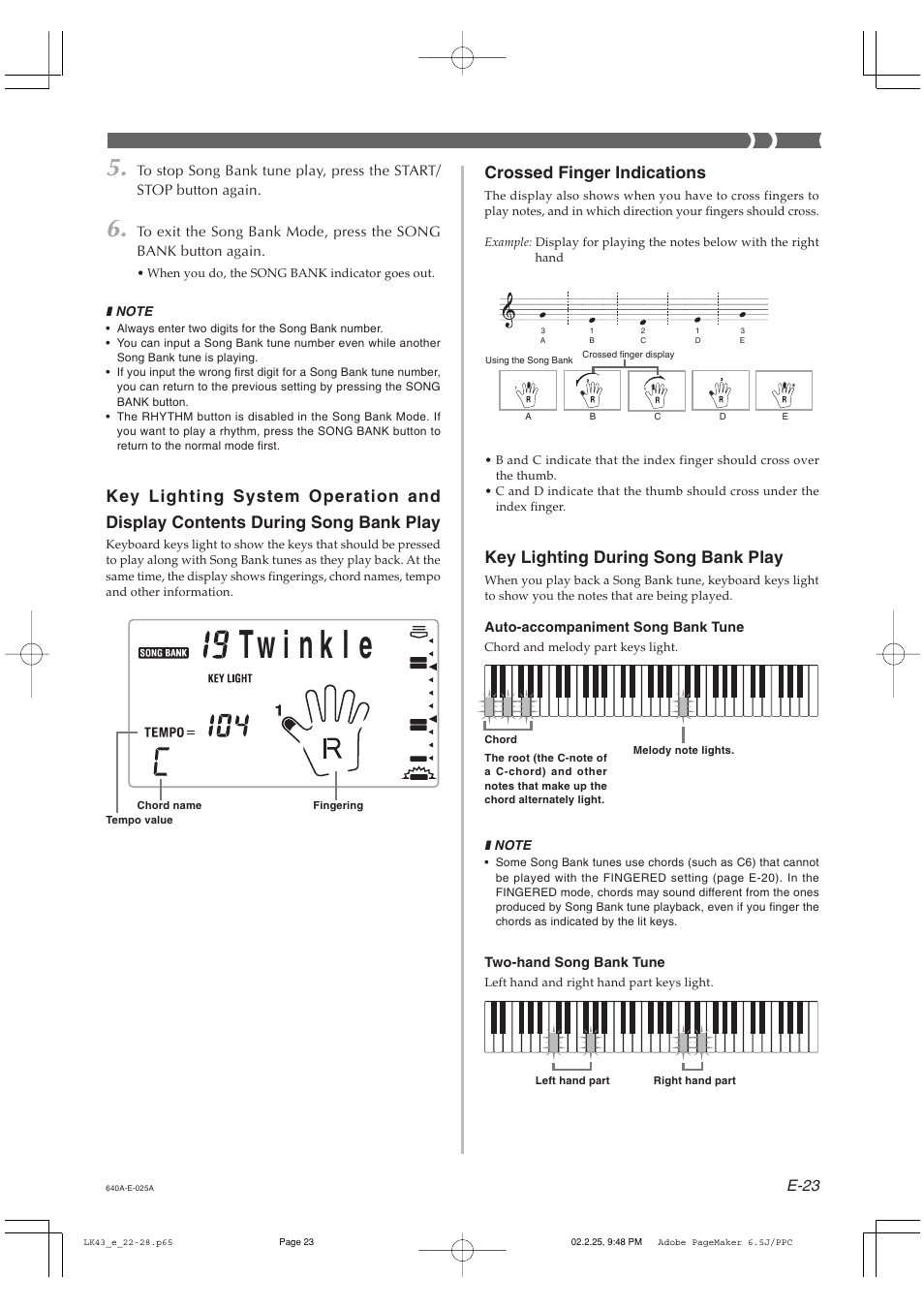 Crossed finger indications, Key lighting during song bank play, E-23 | Casio LK-43 User Manual | Page 25 / 44