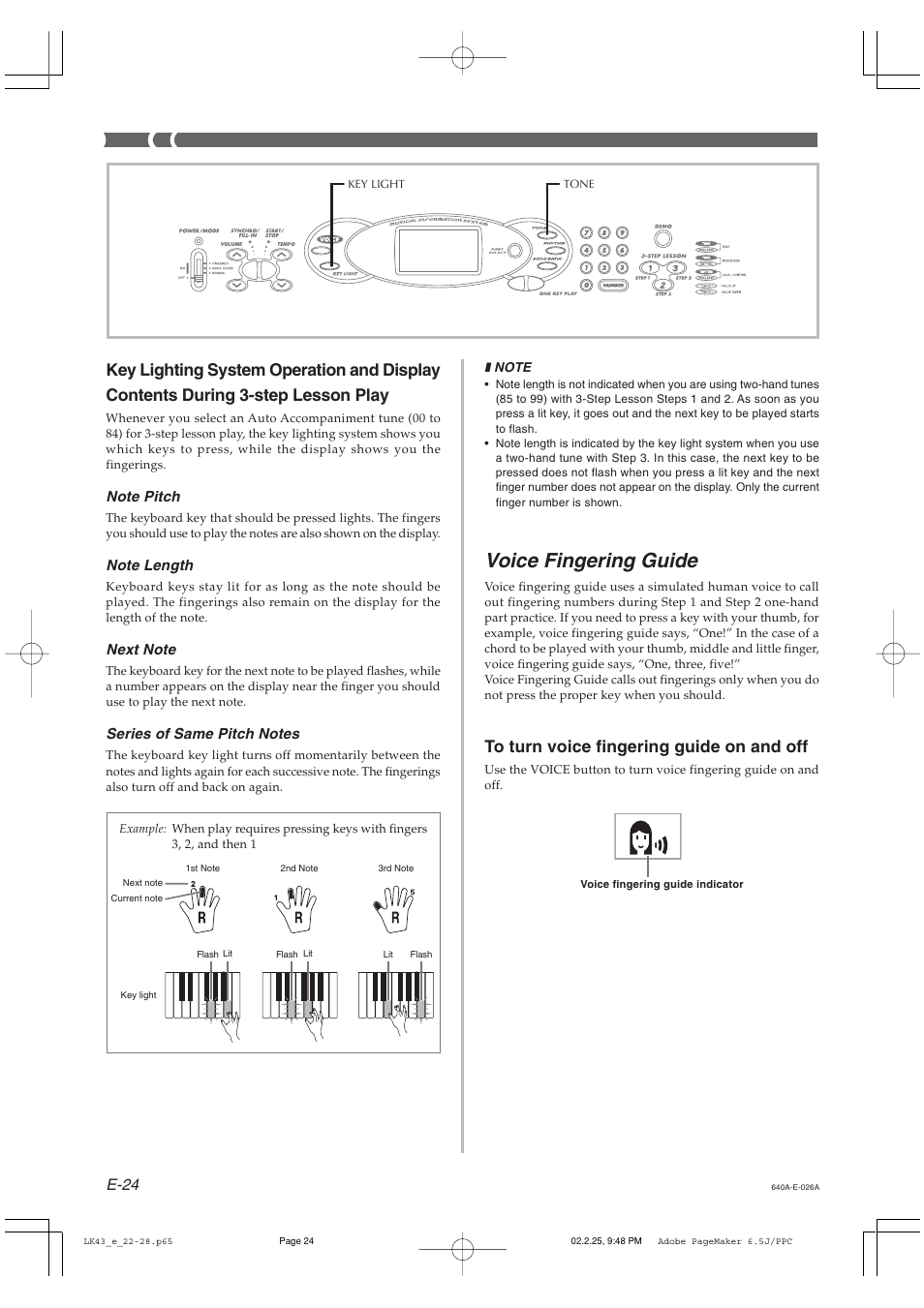 Voice fingering guide, E-24 | Casio LK-43 User Manual | Page 26 / 44