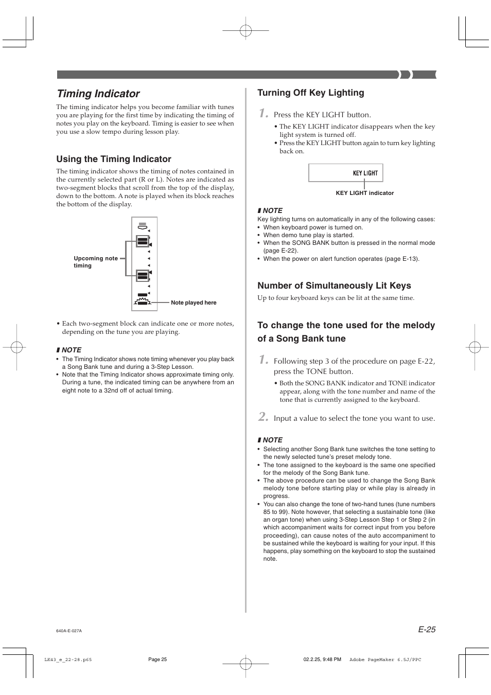 Timing indicator, Using the timing indicator, Turning off key lighting | Number of simultaneously lit keys | Casio LK-43 User Manual | Page 27 / 44