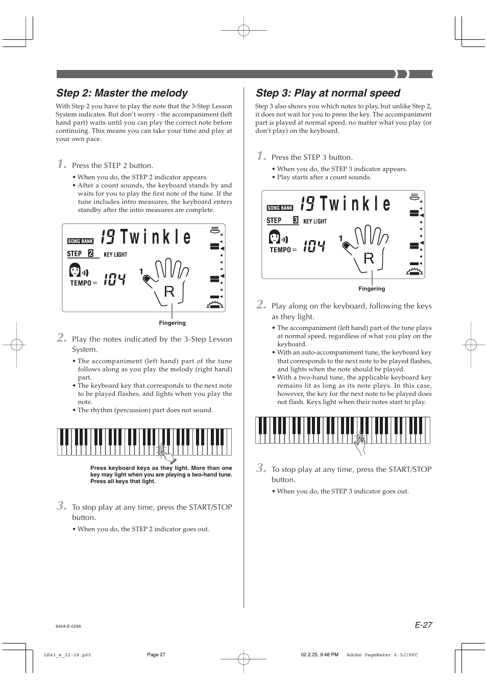 Step 3: play at normal speed, Step 2: master the melody | Casio LK-43 User Manual | Page 29 / 44