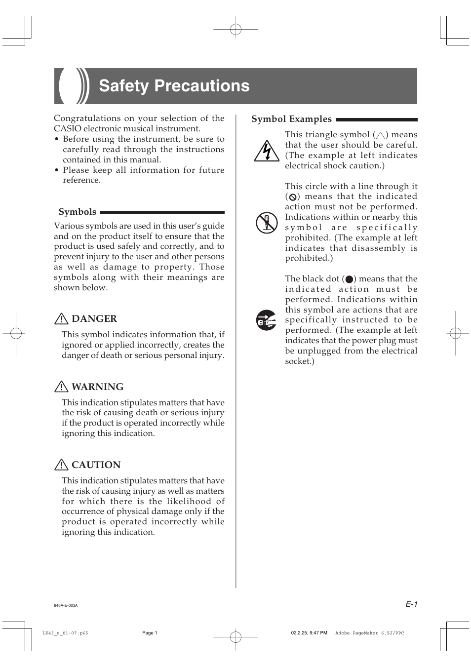 Safety precautions | Casio LK-43 User Manual | Page 3 / 44