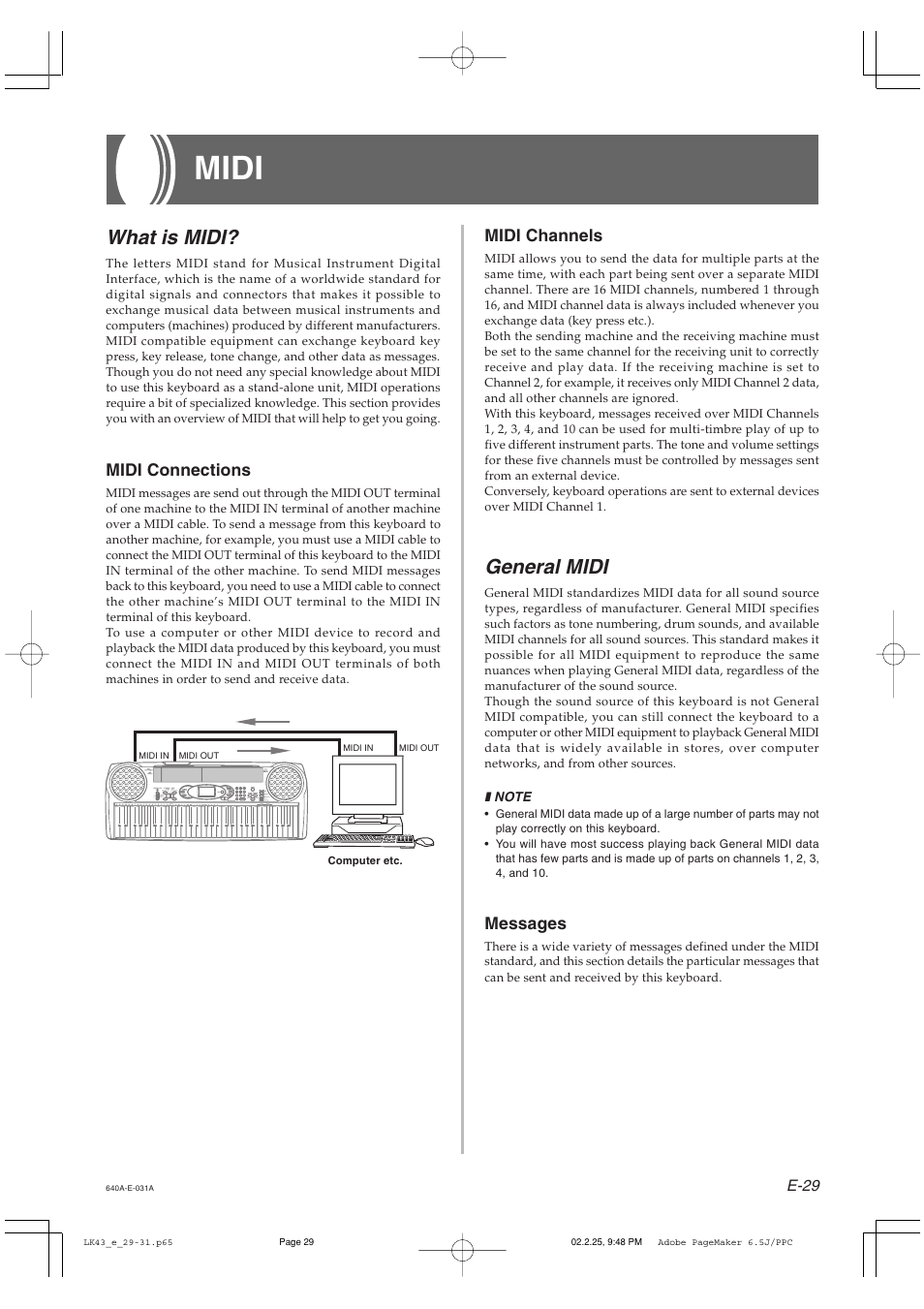 Midi, What is midi, General midi | Midi connections, Midi channels, Messages | Casio LK-43 User Manual | Page 31 / 44