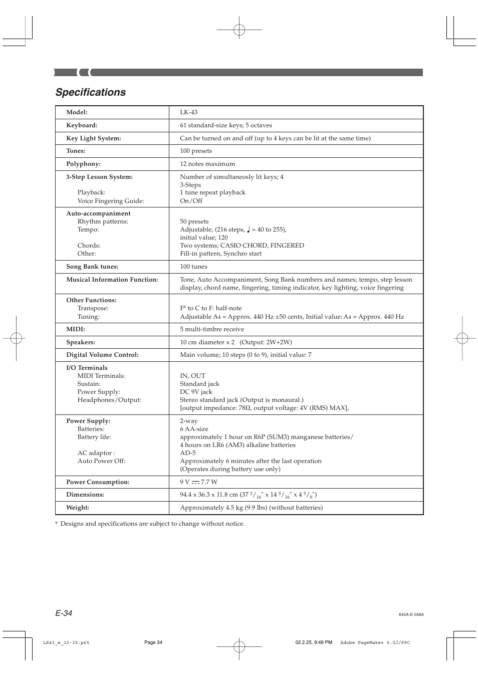 Specifications, E-34 | Casio LK-43 User Manual | Page 36 / 44