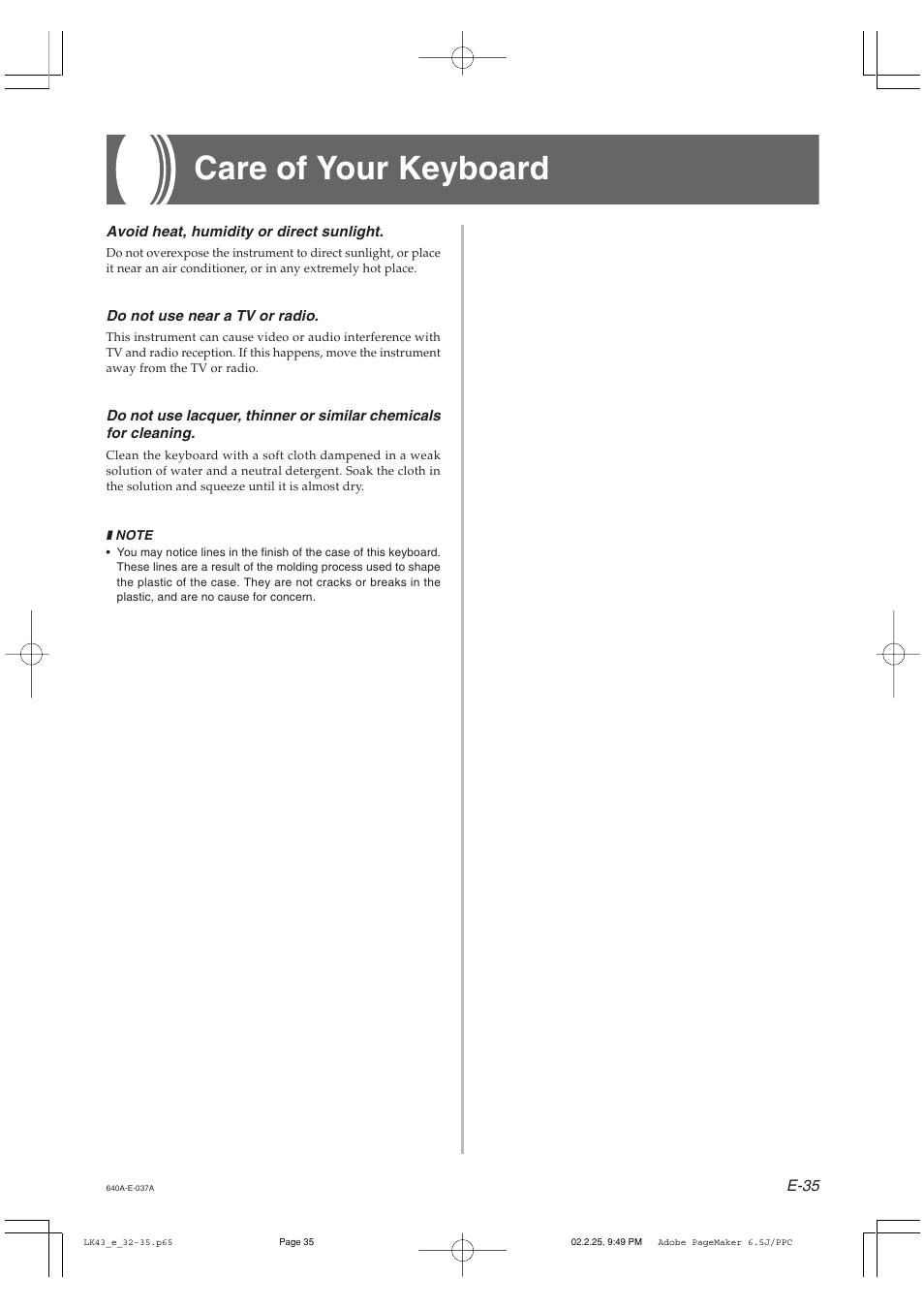 Care of your keyboard | Casio LK-43 User Manual | Page 37 / 44